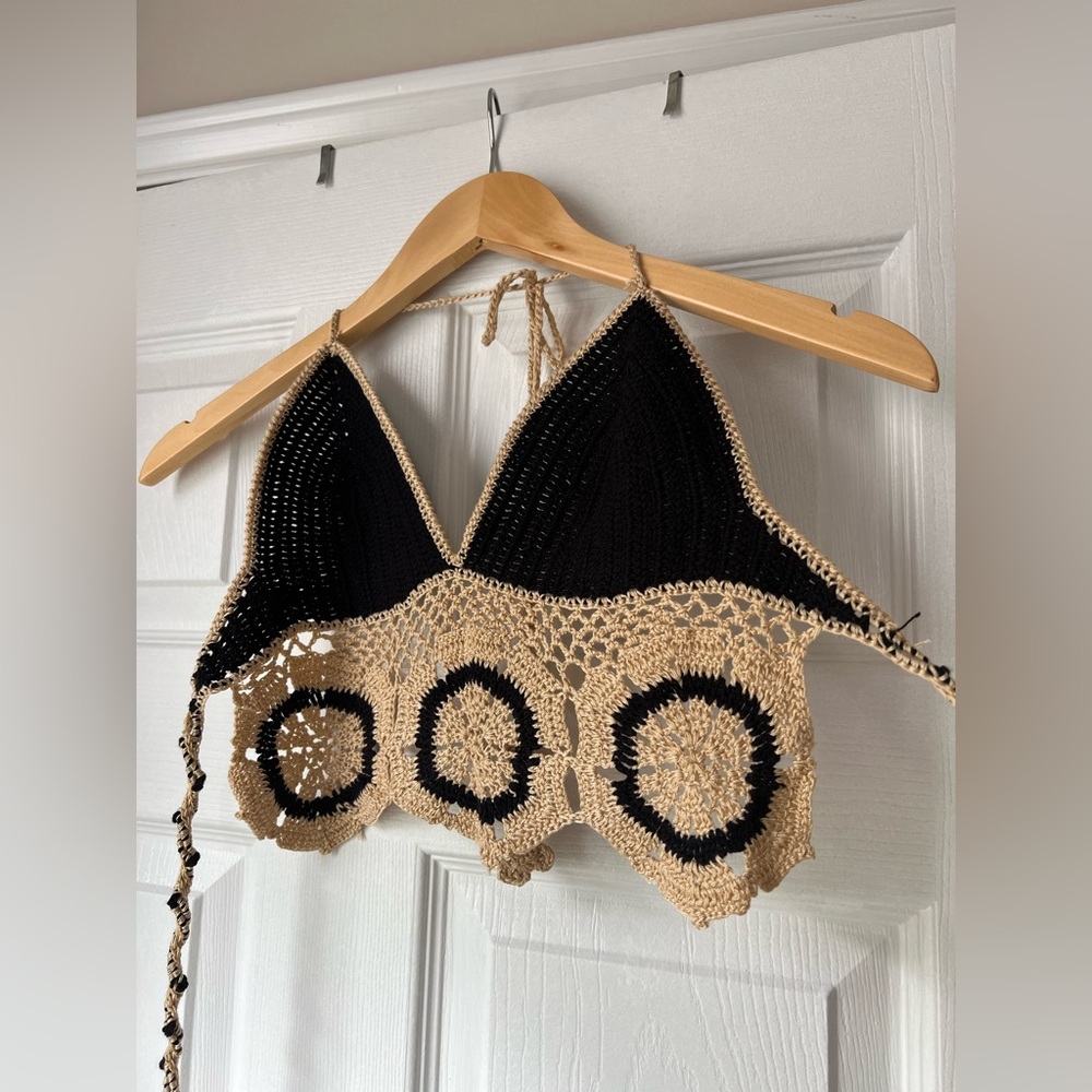 Handmade Crochet Crop Top - Black and Tan